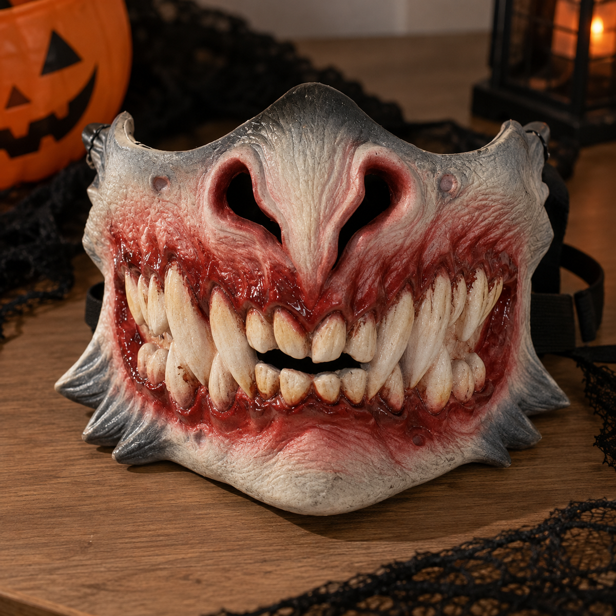 Läskig Halvmask – Halloweenmask med Skräckdesign