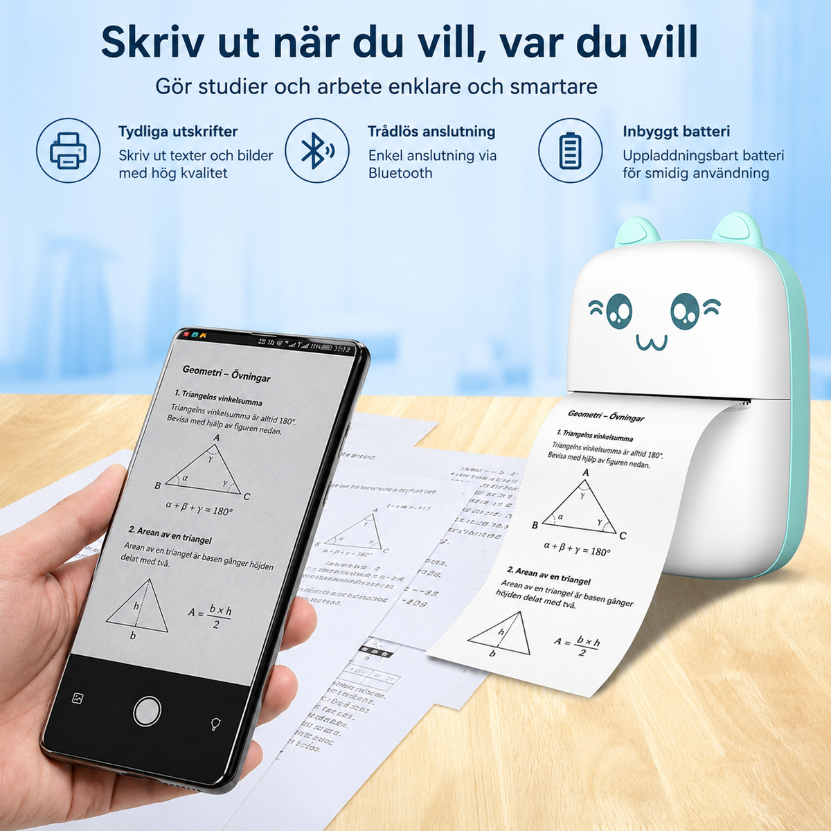 Bärbar Mini Bluetooth-skrivare – Trådlös Fotoskrivare för Mobil, Etiketter och Anteckningar