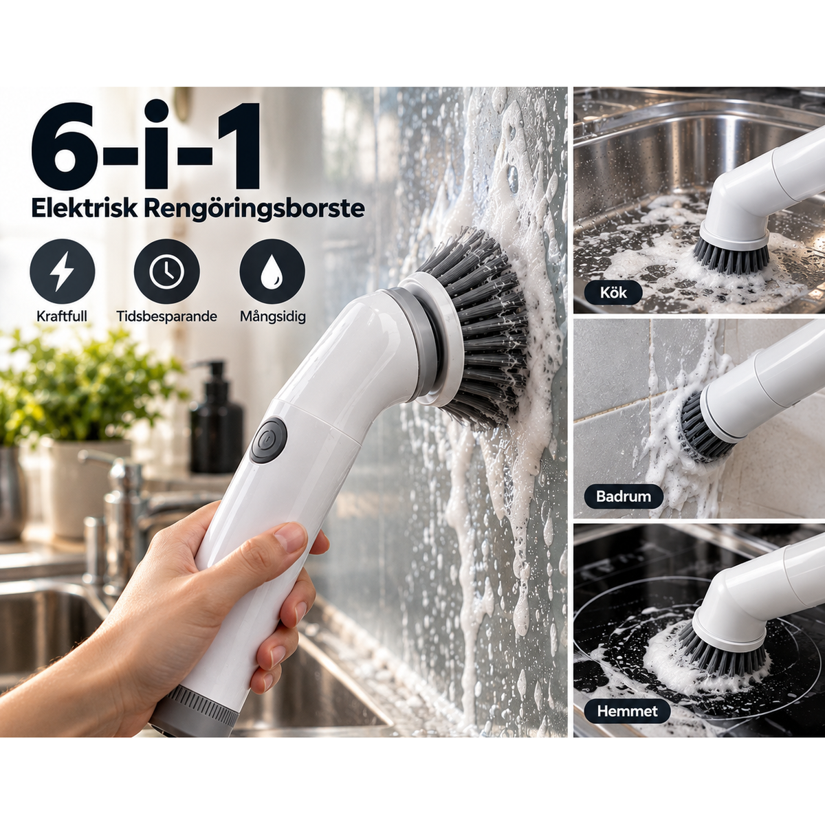 Elektrisk Rengöringsborste 6-i-1 – Multifunktionell Disk- & Städborste